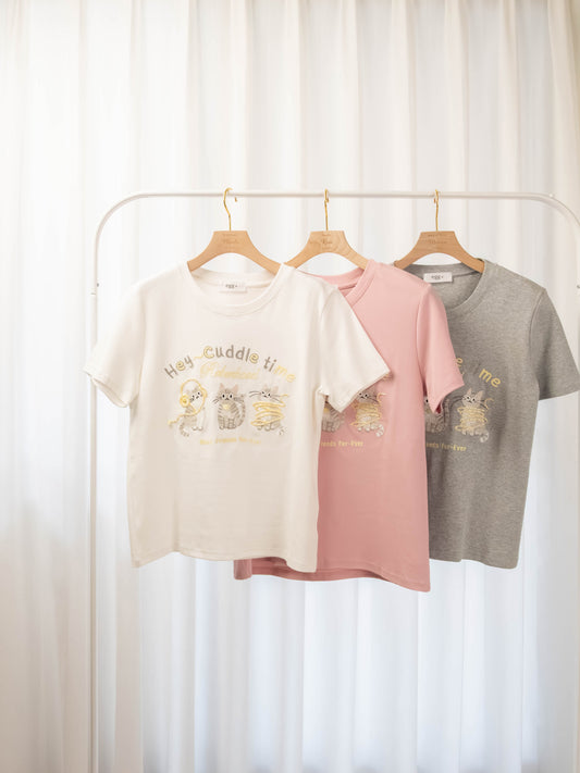 貓咪刺繡柔棉上衣 - 粉